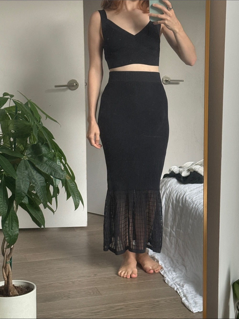 COS Black Ribbed Midi Skirt with Sheer Flare Hem
